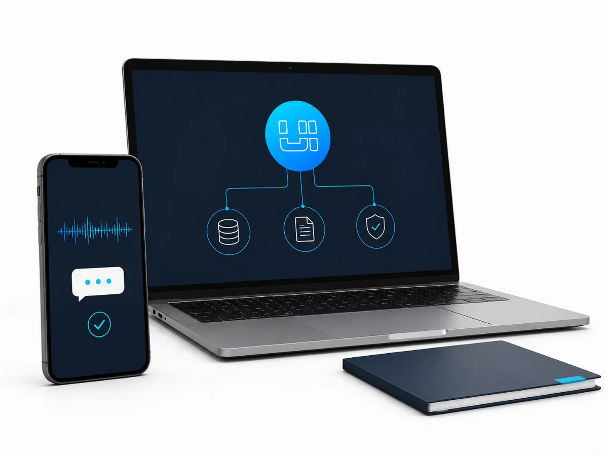 Ilustração de um celular com um pedido e um notebook com a Uiless conectando sistemas, documentos e permissões em uma única estrutura.